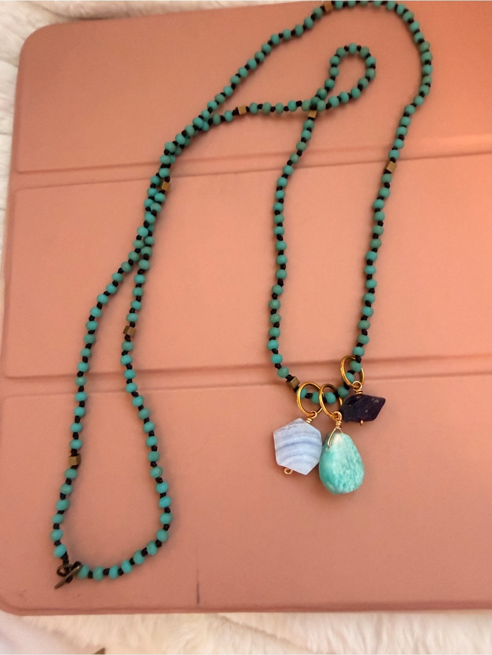 Turquoise Beaded Pendant Necklace with Gemstone Charms NEVER WORN